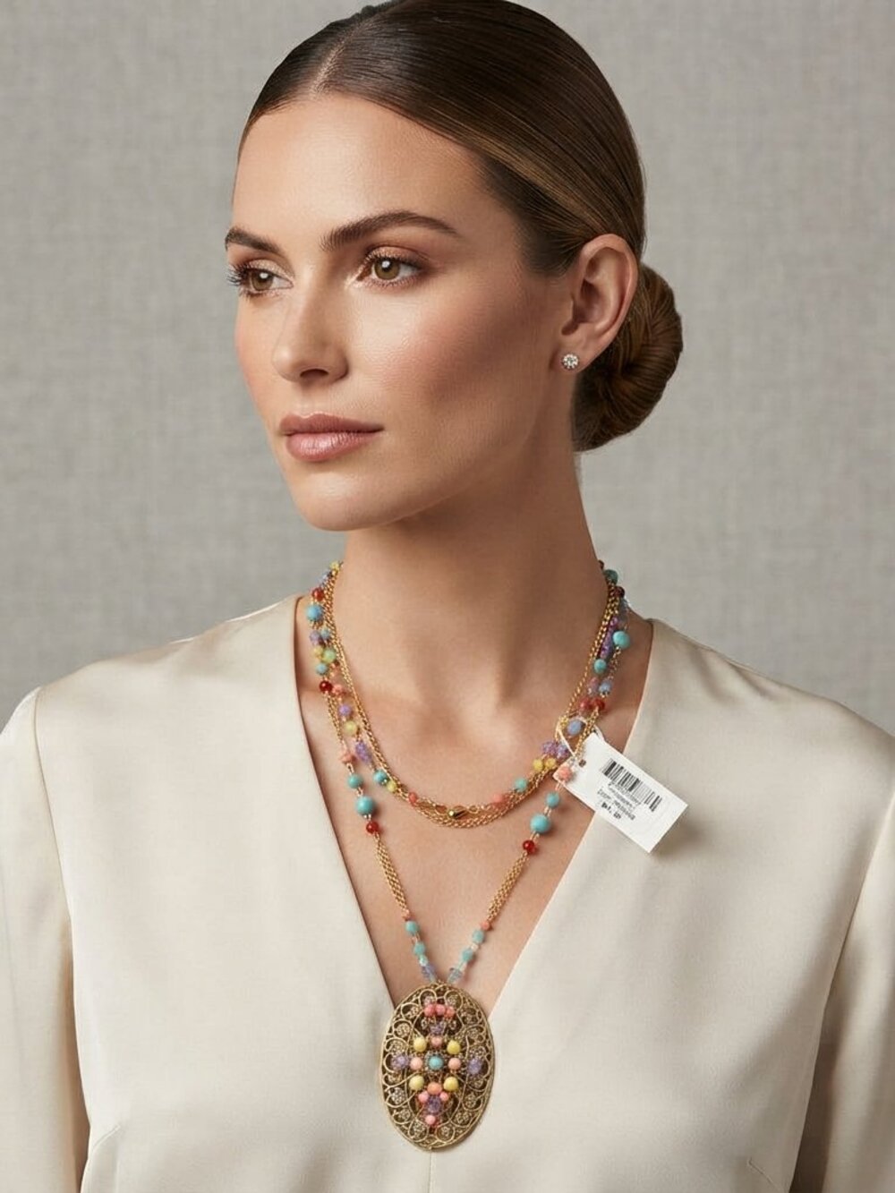 Illuminata Semi-Precious Stone Multi-Color Beaded Gold Filigree Long Pendant
